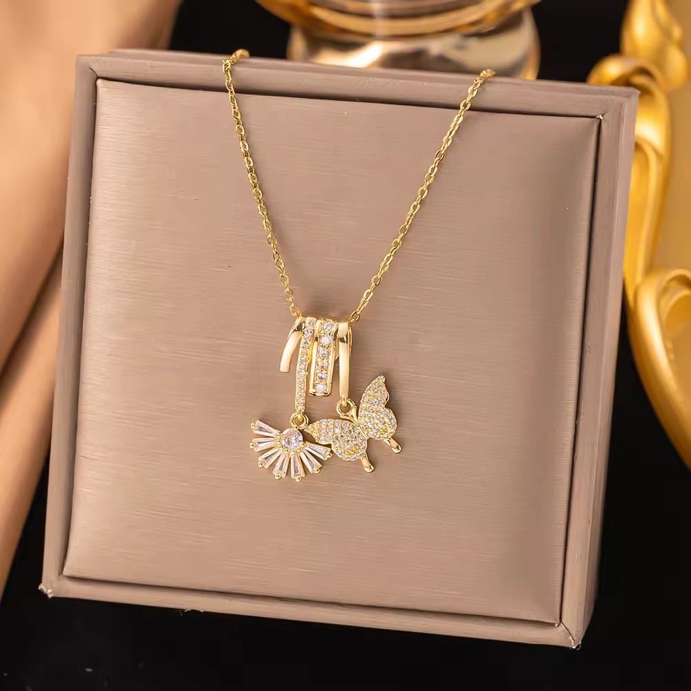 Butterfly Flower Charm Drop Necklace